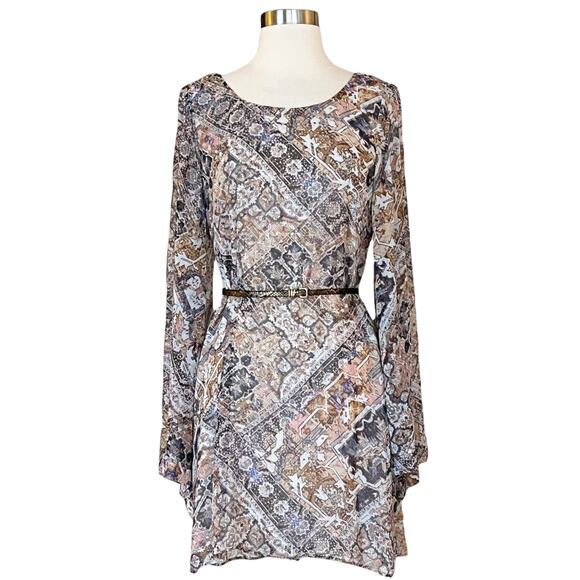 SHOW ME YOUR MUMU Tunic Dress Mini Bell Sleeve Paisley Brown Gray Tan Medium EUC - Picture 9 of 10